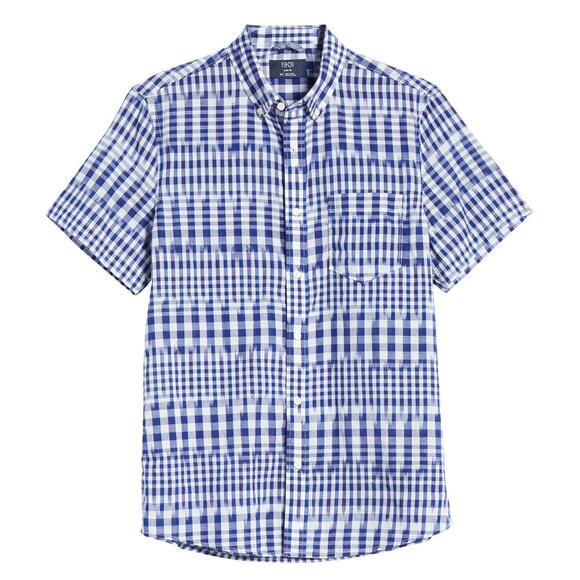 1901 Trim Fit Button Down Short Sleeve Shirt Sz Small White Blue Kat Plaid NWT - Picture 1 of 7